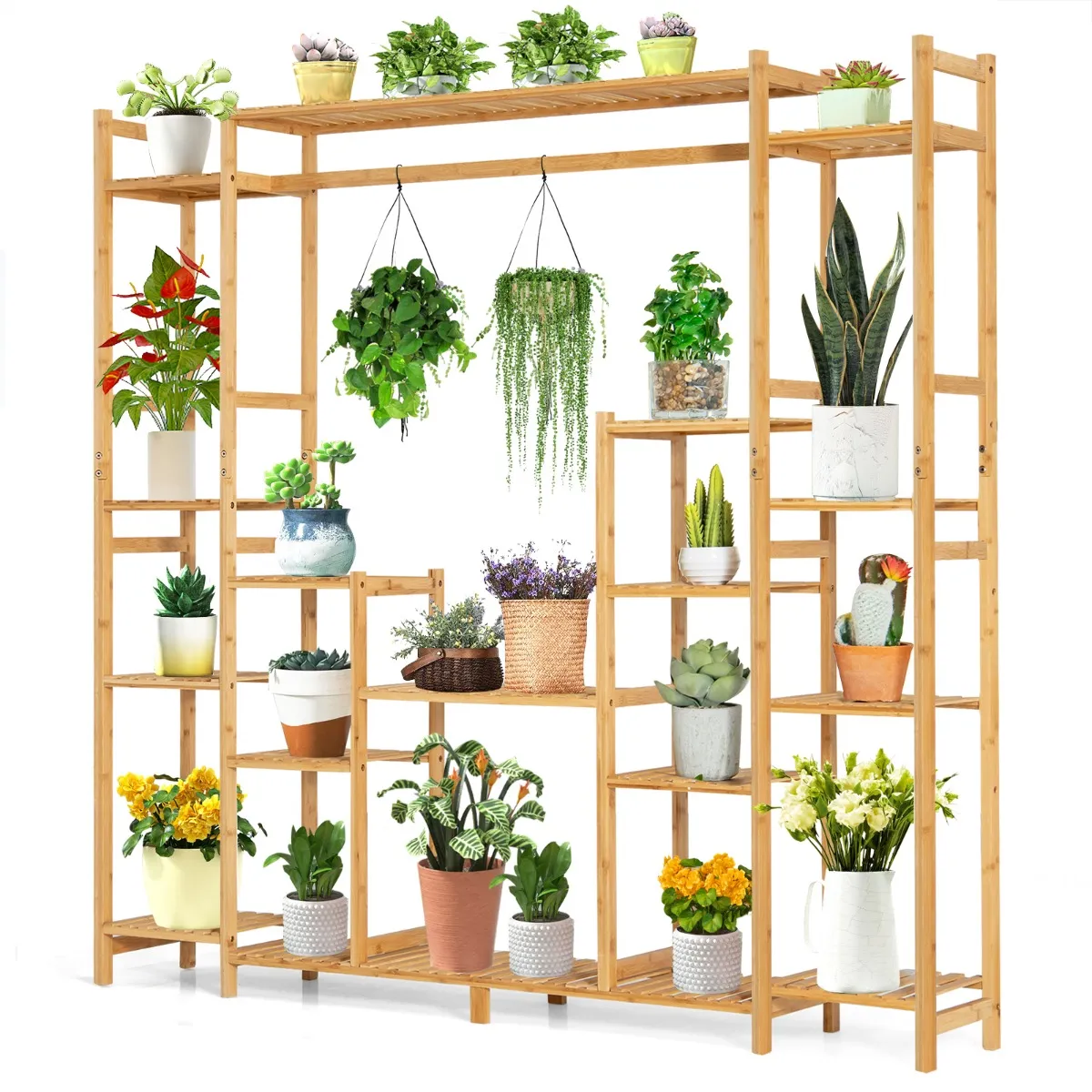 9VAKS BAMBOE PLANTENSTANDAARD MET OPHANGBEUGEL EN ANTIKANTELBEVEILIGING 2IN1 HOEKPLANK VOOR HOGE EN LAGE PLANTEN NATUURLIJK