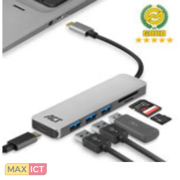 ACT AC7050 3POORTS USBC 3.2 GEN1 (USB 3.0) HUB MET KAARTLEZER EN PD PASSTHROUGH POORT