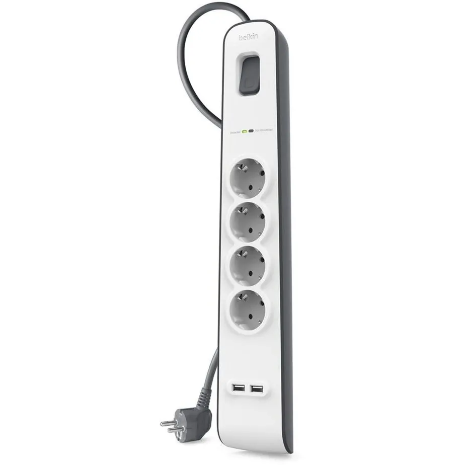 BELKIN SPANNINGSBEVEILIGER MET 4 STOPCONTACTEN EN 2 USBPOORTEN  STEKKERDOOS (GRIJS/WIT)