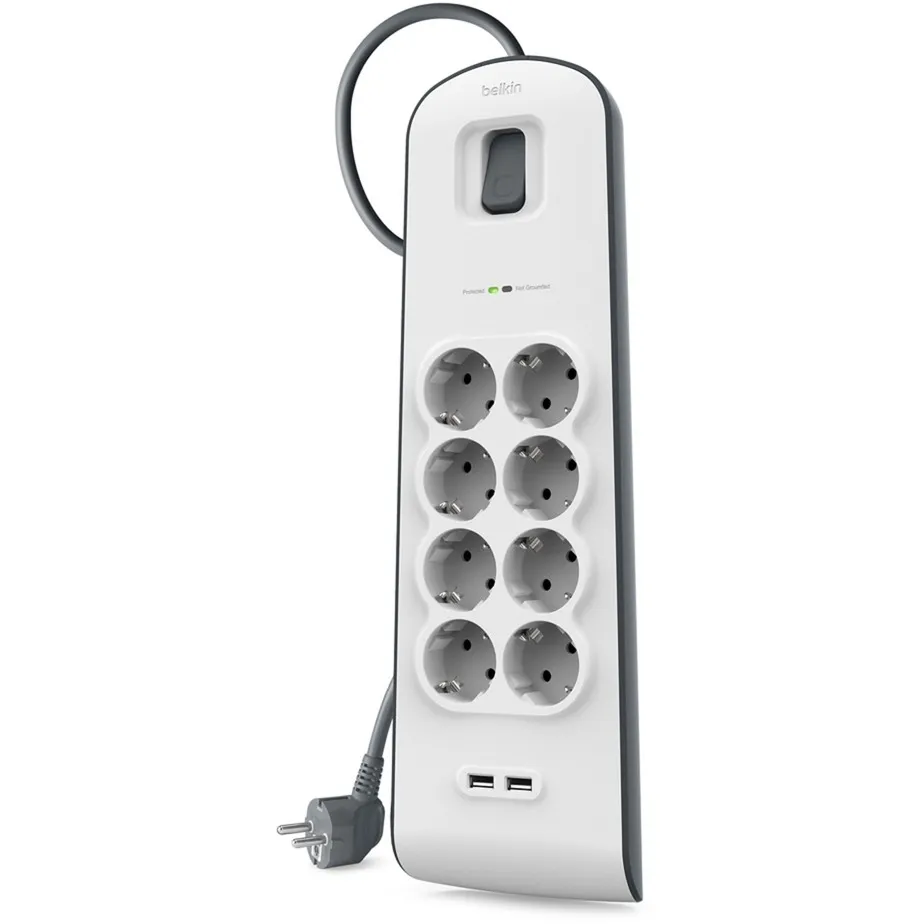 BELKIN SPANNINGSBEVEILIGER MET 8 STOPCONTACTEN EN 2 USBPOORTEN  STEKKERDOOS (GRIJS/WIT)