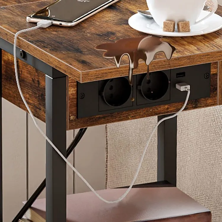 BIJZETTAFEL MET OPLAADSTATION, CVORMIGE VOUWTAFEL MET WIELEN EN OPSLAGPLANK, USBPOORTEN STROOMTJES, VOOR SLAAPKAMER IN DE WOON