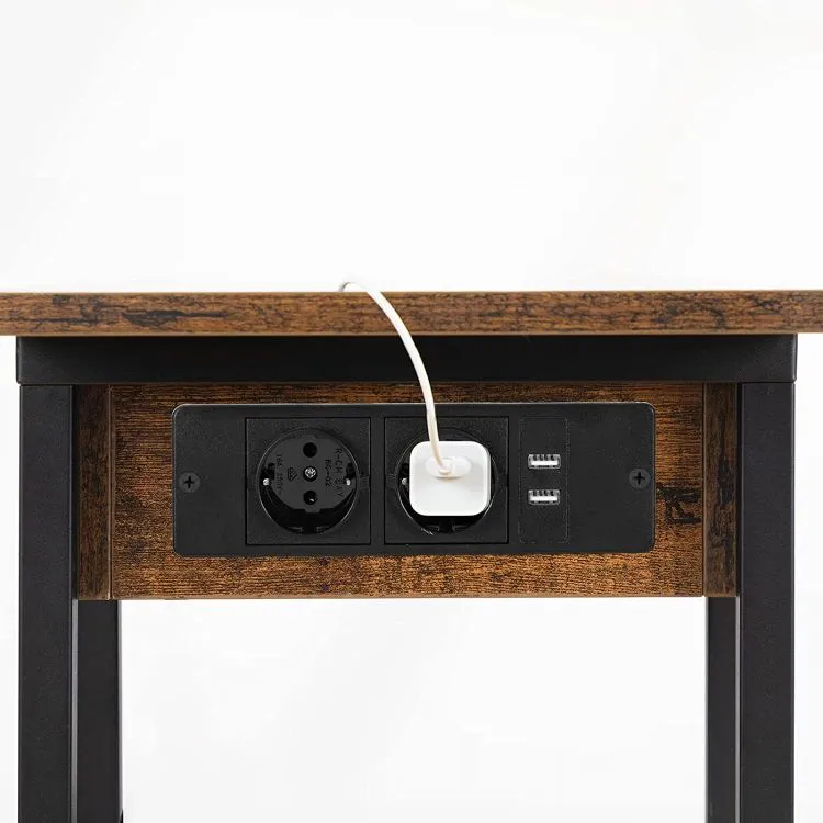 BIJZETTAFEL MET OPLAADSTATION, CVORMIGE VOUWTAFEL MET WIELEN EN OPSLAGPLANK, USBPOORTEN STROOMTJES, VOOR SLAAPKAMER IN DE WOON