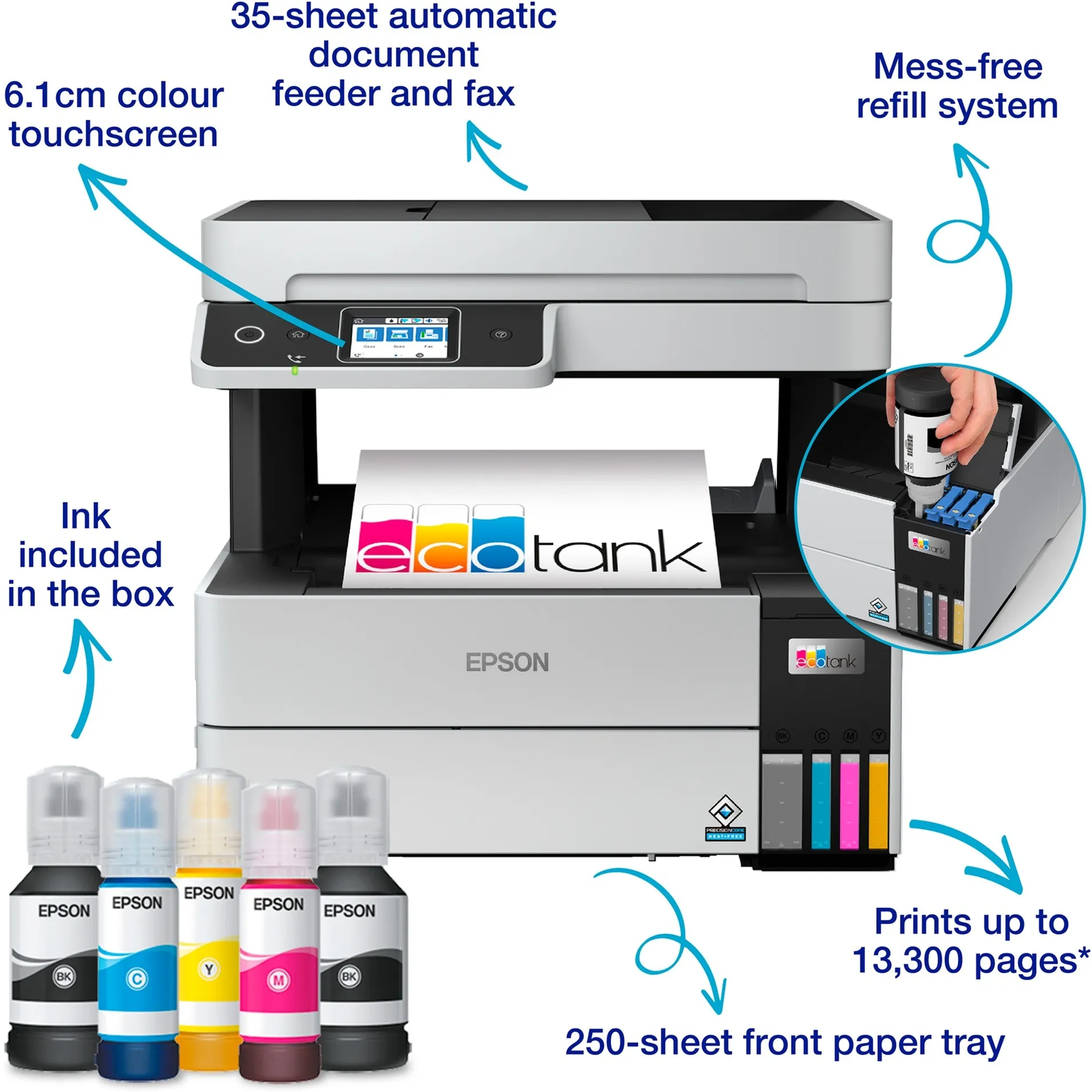 EPSON ECOTANK ET5170 ALLINONE INKJETPRINTER (GRIJS/ZWART,  AFDRUK, SCAN, KOPIE, FAX, WIFI, USB, ETHERNET)