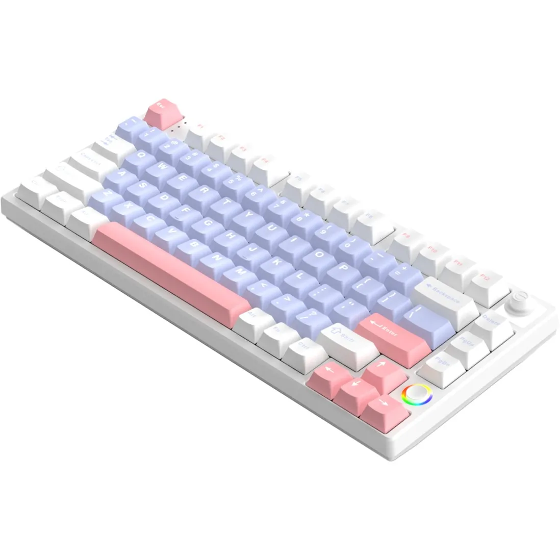 HELLOGANSS HS75T GC05, TOETSENBORD (WIT/LILA, US LAYOUT, GATERON YELLOW, 75%, RGB LEDS, PBT DOUBLESHOT KEYCAPS, HOT SWAP, 2,4 G