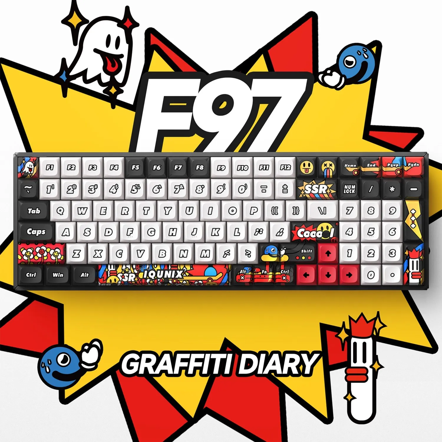IQUNIX F97 GRAFFITI DIARY WIRELESS MECHANICAL KEYBOARD, GAMING TOETSENBORD (ZWART/WIT, US LAYOUT, CHERRY MX BLUE, RGB LEDS, 96%