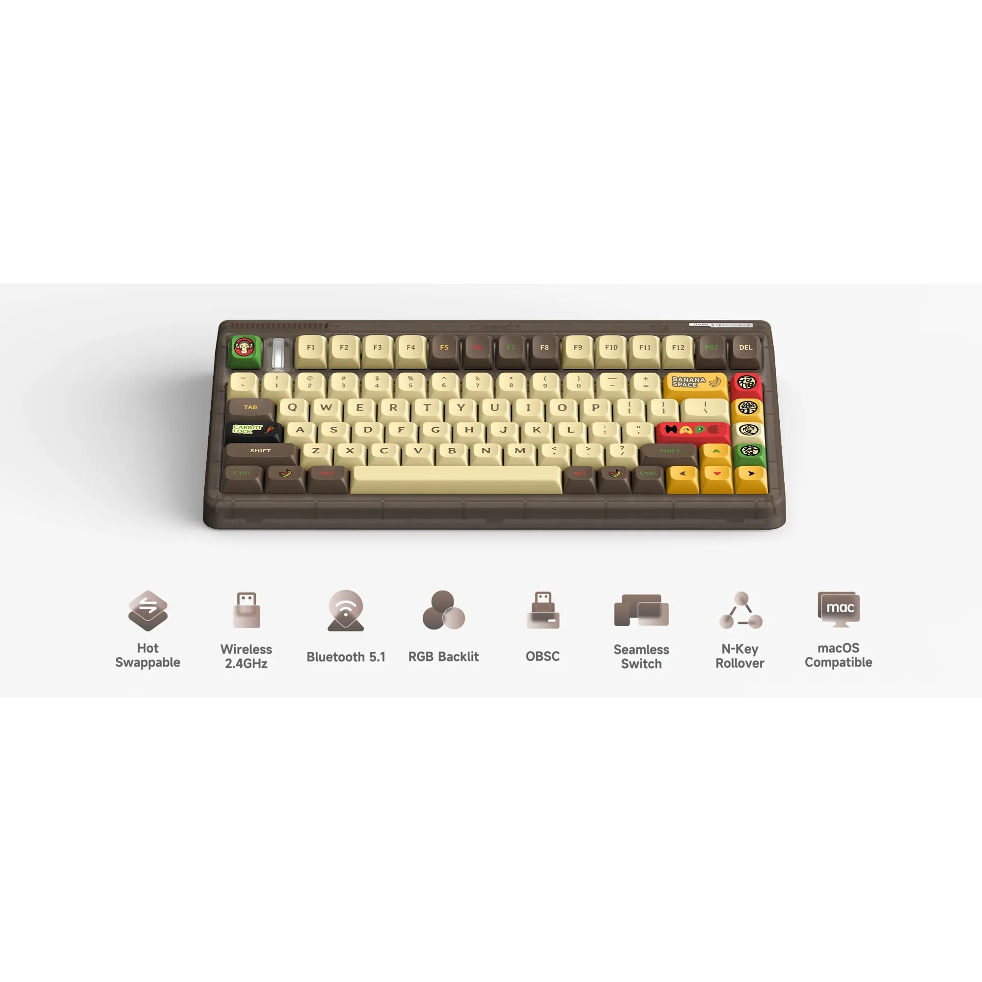 IQUNIX OG80 HAPPY APE WIRELESS MECHANICAL KEYBOARD, GAMING TOETSENBORD (ZWART, US LAYOUT, IQUNIX MOONSTONE, RGB LEDS, 80% (TKL)