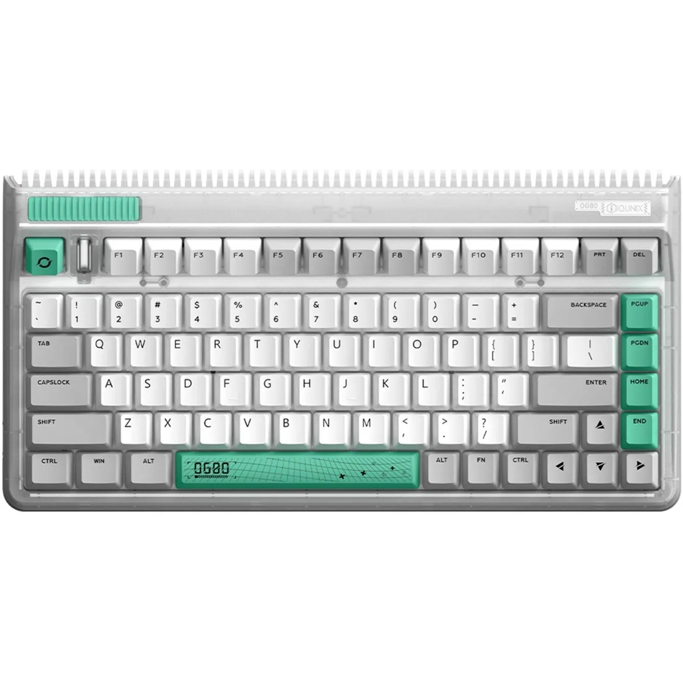 IQUNIX OG80 WORMHOLE WIRELESS MECHANICAL KEYBOARD, GAMING TOETSENBORD (GRIJS/GROEN, US LAYOUT, IQUNIX MOONSTONE, RGB LEDS, 80% 