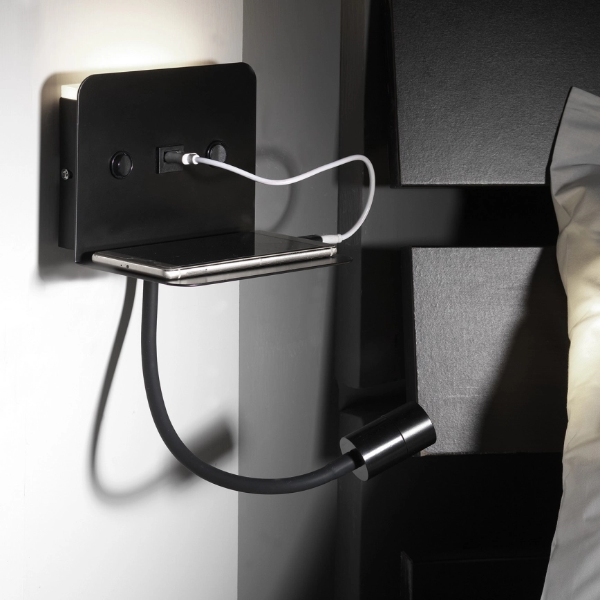 ONLI  LED FLEXIBEL KLEIN LAMPJE MET EEN PLANK EN USB OPLADEN PLAK LED/1W/230V ZWART