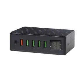 Oplaadstation met meerdere poorten, 6 USB-poorten, voor meervoudig opladen.